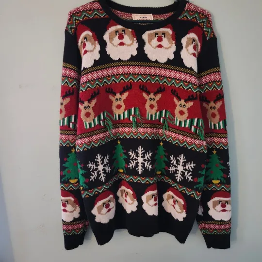 Discover Ugly christmas sweater black allover print holiday Santa Reindeer Trees Women 2X