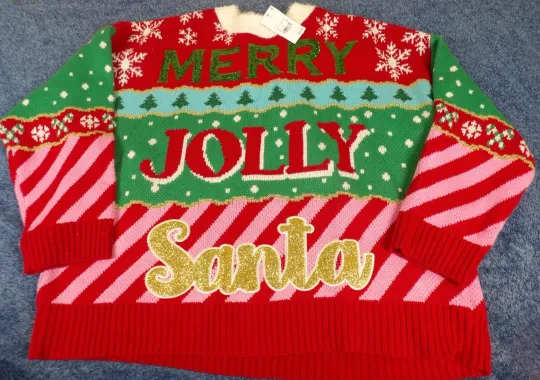 Discover 33 Degrees Merry Jolly Santa Ugly Christmas Sweater Sequins Glitter Womens Sz L