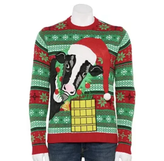 Discover Ugly Sweater CHRISTMAS COW Green & Red Size Medium 40-42 Jingle Bell & Present
