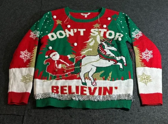 No Boundaries Santa Unicorn Don’t Stop Believin' Christmas Ugly Sweater 3XL