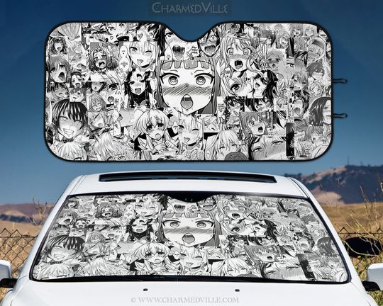 Anime Sunshade for Car, Sun Blocker shade for windshield, Black white aheago eyes girl, vehicle window reflective uv protection cover gift