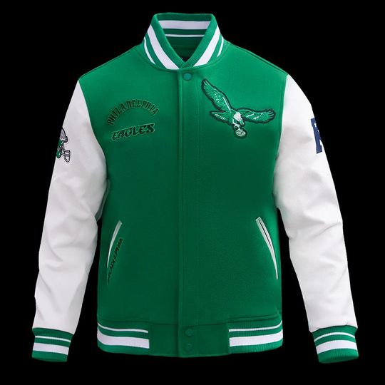 Discover Philadelphia Eagles Wool & Leather Varsity Bomber Jacket  For Die-Hard football Fans