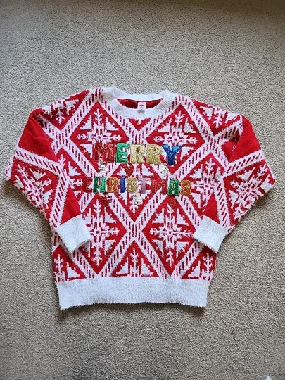 Discover Ugly Christmas Sweater Size XL Merry Christmas Red White Fuzzy Holiday Time