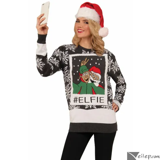 Discover Santa & Elf Hashtag Elfie Adult Ugly Christmas Sweater, Grey Multi