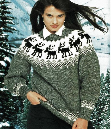 Discover Ladies Reindeer Moose Fair Isle Yoke Sweater Jumper PDF Knitting Pattern Chunky ( Bulky, 12 ply ) Vintage Christmas Download 6423
