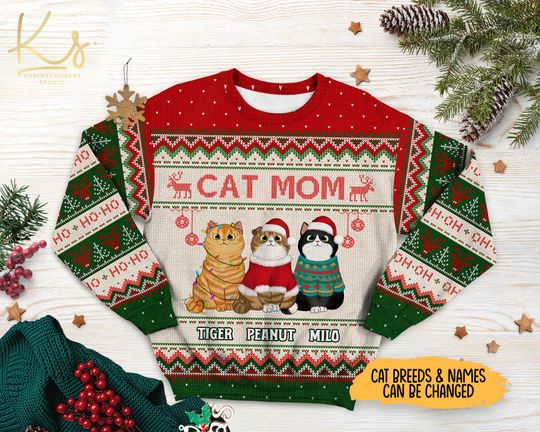 Custom Cat Mom Sweatshirts, Custom Ugly Cat Sweatshirts, Funny Ugly Cat Sweaters, Funny Cat Lovers Gifts, Cute Meowy Christmas Sweatshirts.