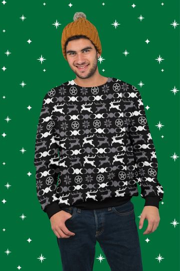 Discover Ugly Christmas Sweater Yule Solstice Witch Sweatshirt Triple Goddess Pentagram