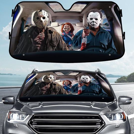 Horror Character Car Sunshade, Michael Jason Chucky Windshield Cover, Scary Movie Auto Decor, Halloween Slasher Fan Car Cover