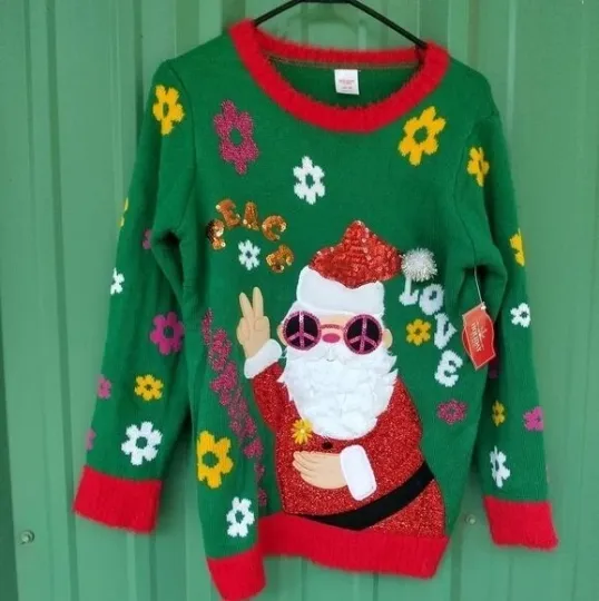 Discover NEW Peace Love Christmas Ugly Christmas Sweater Size Large Hippie Santa Claus