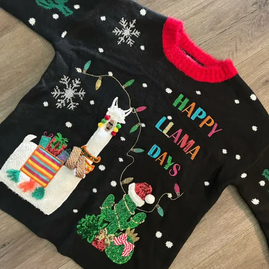 Discover Ugly Llama Christmas Sweater Medium Black Multicolor Southwestern Excellent