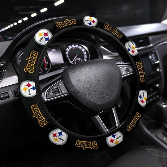 Discover Pittsburgh Steeler themed custom steering wheel cover for a fan, Fits Most Vehicles, Football Fan Gift