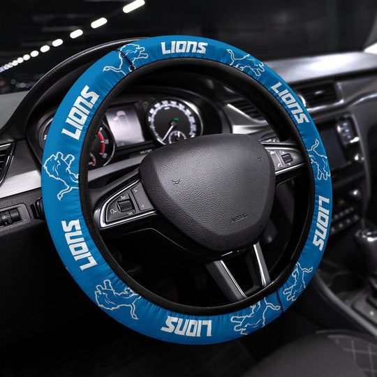 Discover Detroit Lions themed custom steering wheel cover for a fan, Fits Most Vehicles, Football Fan Gift
