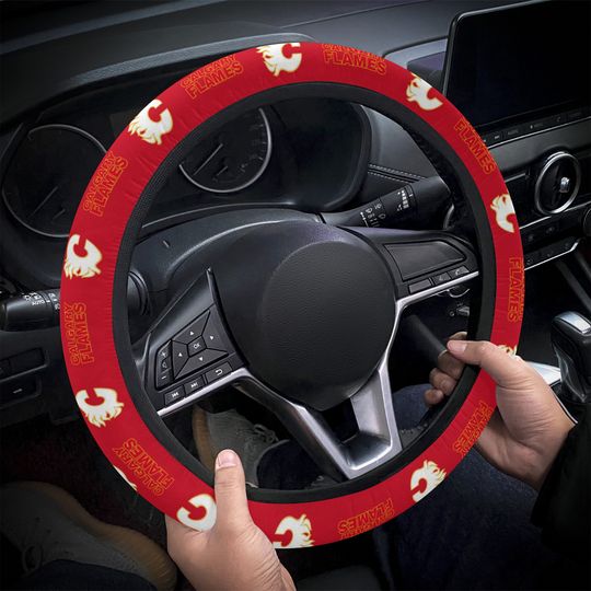 Calgary Flames themed steering wheel cover for a fan