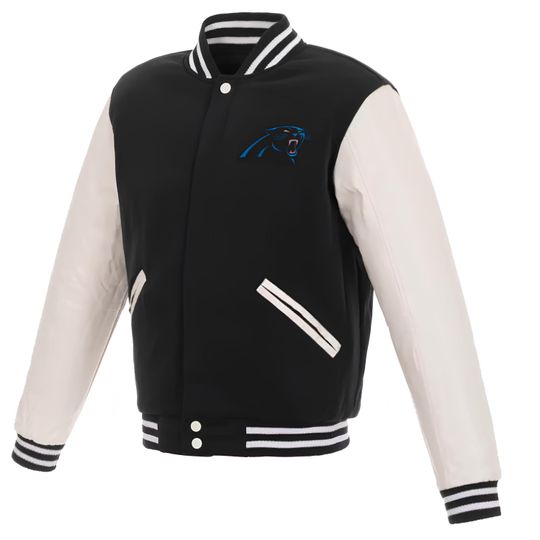 Discover Carolina Panthers Varsity Jacket: Black Fleece & White Leather Sleeves