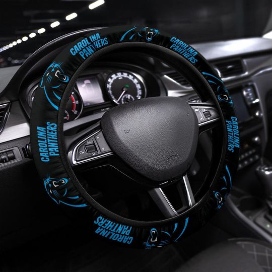 Carolina Panthers themed custom steering wheel cover for a fan