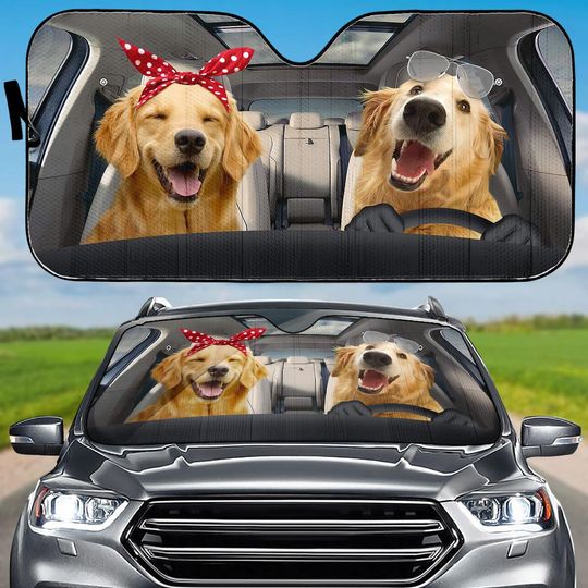 Discover Golden Retriever Couple Car Sunshade, Cute Dogs Auto Sun Shade, Pet Lover Car Windshield Cover For Family Trip, Car Accessory Gifts
