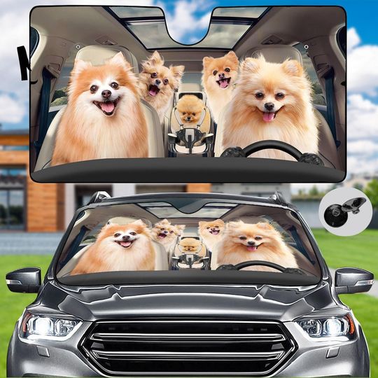 Pomeranian Dog Family Car Sun Shade, Dog Lover Windshield Sun Shade, Animal Lover Gift, Dog Mom Gift, Car Decoration