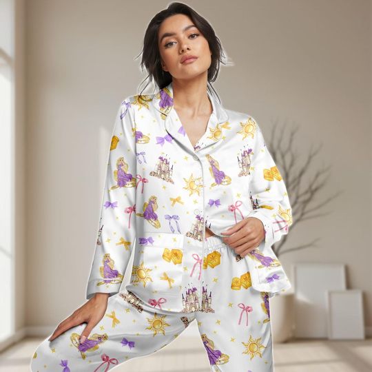 Rapunzel Tangled Long Satin Pajamas Set, Disney Princess Women PJs, Bridesmaid Matching Sleepwear, Coquette Bow PJs, Gift For Her