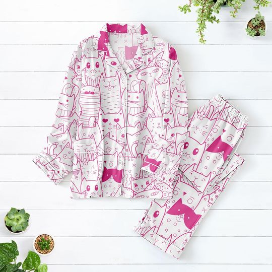 Discover Cute Cat Pajamas Set, Cozy Sleepwear Pajamas For Her, Cartoon Kitty Matching Pajama Set, Funny Pet Lover Holiday Pajamas, Halloween Pjs