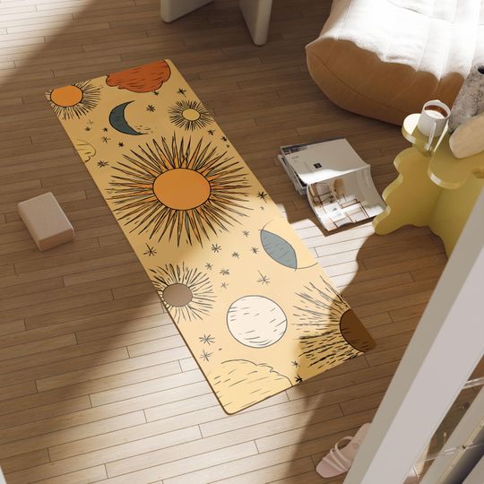 Discover Sunrise Pattern Yoga Mat, Celestial Sun Moon Design, Non Slip Pilates Floor Pad, Boho Fitness Mat