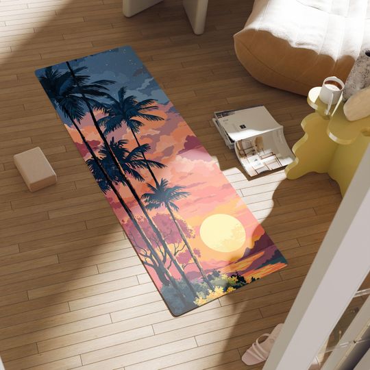 Tropical Sunset Yoga Mat with Palm Tree Artwork for Beach Meditation and Summer Workouts