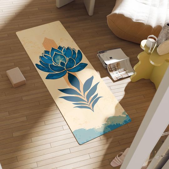 Discover Blue Lotus Yoga Mat, Botanical Zen Mat with Serene Flower Print, Indigo Chakra Art for Mindful Workout