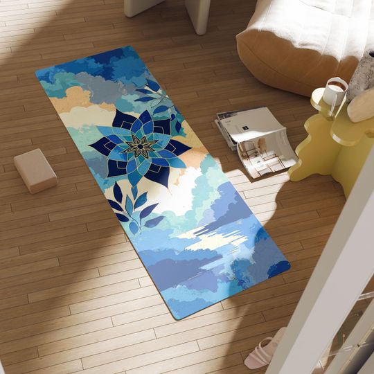 Blue Lotus Design Yoga Mat, Mandala Flower Art, Calming Ocean Sunrise Vibes