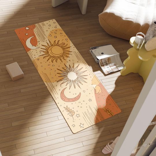 Celestial Yoga Mat with Sun and Moon Design, Boho Fitness Mat in Warm Earth Tones
