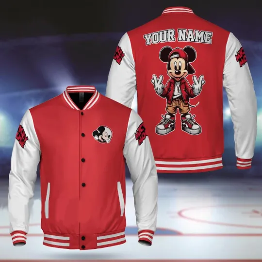 Discover Personalized Cute Mickey Mouse Hip Hop Style Red & White Baseball Jacket