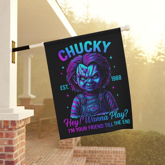 Banner, Halloween Horror Movie Villian Chucky Retro Neon Design, Garden & House Flag