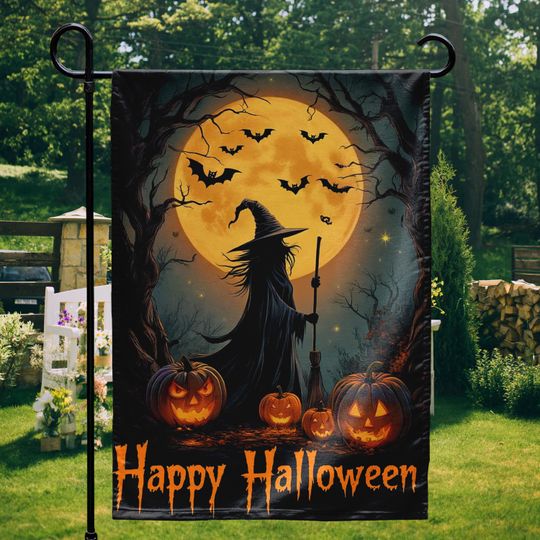 Discover Halloween Garden Flag, Full Moon Witch Banner, Custom Outdoor Yard Sign