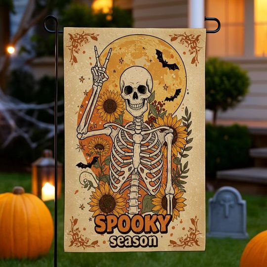 Halloween Garden Flag, Skeleton Sunflower Spooky Season Yard Decor