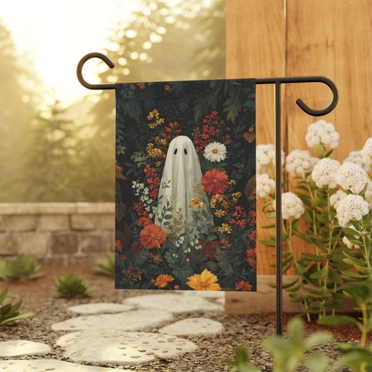 Vintage Ghost Garden Flag, Halloween Fall Outdoor Decor, Spooky Floral Yard Flag