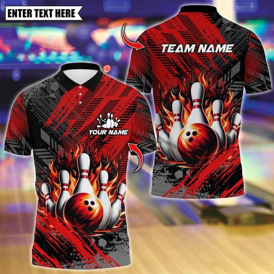 Discover Custom Bowling And Pins Grunge Flame Polo, Personalized Bowling Polo for Men & Women