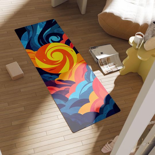 Fiery Sunrise Yoga Mat with Cosmic Swirl Pattern