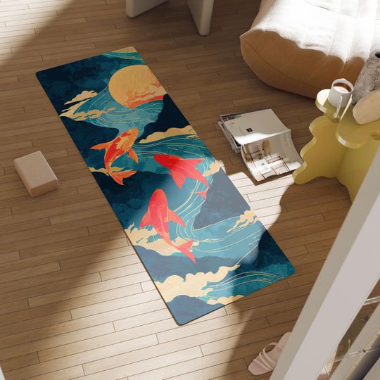 Koi Fish Yoga Mat, Japanese Art Design, Sunrise and Water