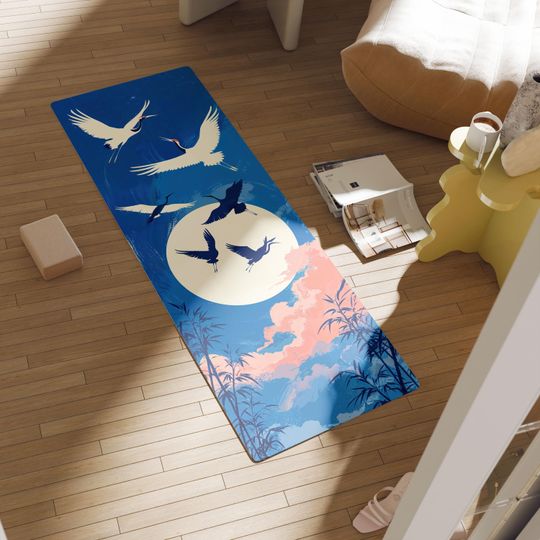 Flying Cranes Yoga Mat, Moonlit Night Sky, Japanese Art Design
