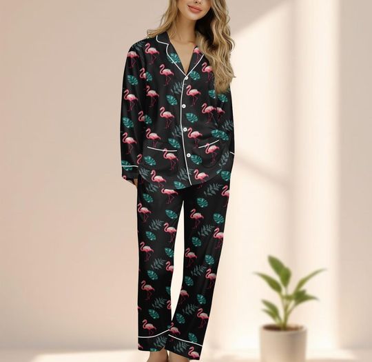 Discover Flamingo Satin Pajama Set, Tropical Black Sleepwear, Cute Long Sleeve Loungewear, Summer Women Matching Pajamas Set, Gift For Her