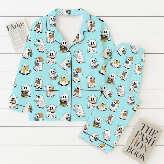 Discover Halloween Ghost Reading Books Pajamas Set, Reading Ghost Sleepwear, Cozy Fall Nightwear, Spooky Season Gift, Bookish Gift, Halloween Gift