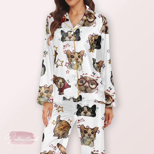 Cartoon Cats Pajama  Cute Satin Long Sleeve & Pants Sleepwear Set for Women, Cozy Cat Lover Gift