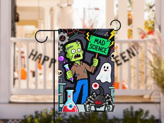 Mad Scientist Halloween Garden Flag, Spooky Science Yard Flag, Haunted Laboratory Outdoor Decoration