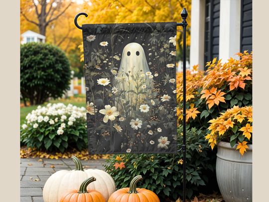 Discover Boho Floral Ghost Garden Flag Cute Spooky Ghost Wildflower Romantic Cottagecore