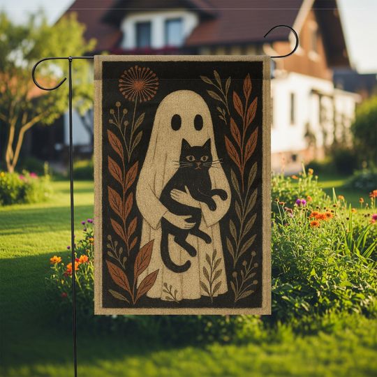 Ghost and Black Cat Garden Flag  Spooky Fall Yard Decor for Halloween