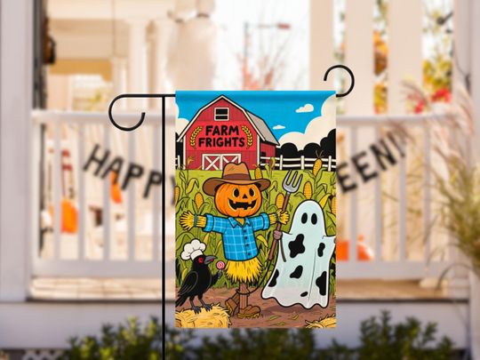 Haunted Farm Halloween Garden Flag - Spooky Barn Yard Flag - Scary Harvest Outdoor Decoration