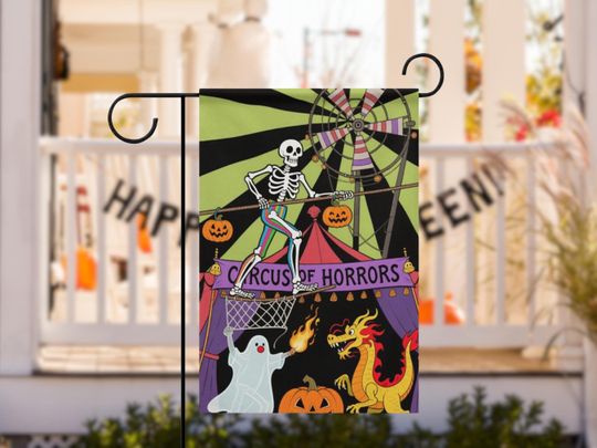 Spooky Circus Banner  Skeleton Tightrope & Ghost Fire Halloween Flag
