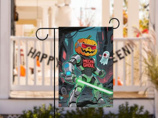 Mecha Ghoul Halloween Garden Flag - with Pumpkin, Ghost Porch Decoration