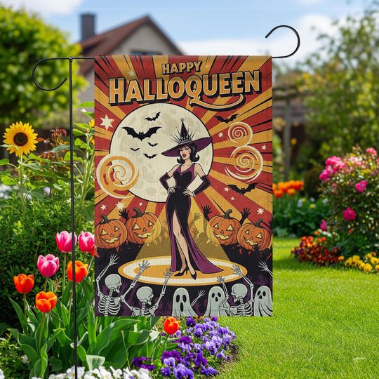Discover HalloQueen Halloween Garden Flag  Funny Witch Yard Decor  Retro Halloween Outdoor Decoration  Pumpkin Skeleton Ghost Fall Flag