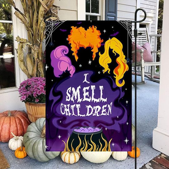 Discover Three Witches Halloween I Smell Children Flag, Funny Spooky Quote Garden Flag
