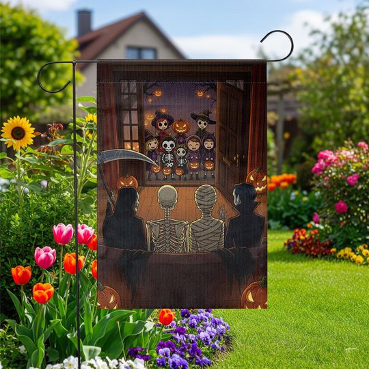 Funny Halloween Garden Flag  Skeleton Mummy Grim Reaper Watching Trick-or-Treaters  Spooky
