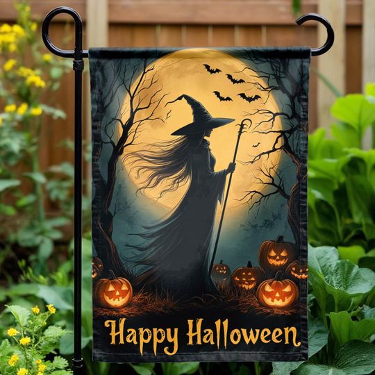 Halloween Witch Garden Flag with Full Moon, Personalized Outdoor Banner
